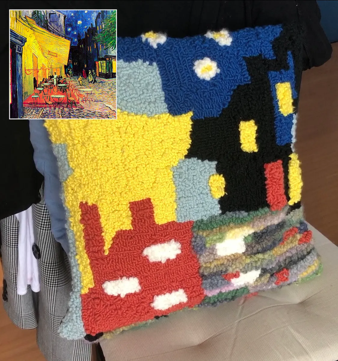 A punch needled pillow case, an abstract interpretation of Van Gogh's painting named Cafe by Night